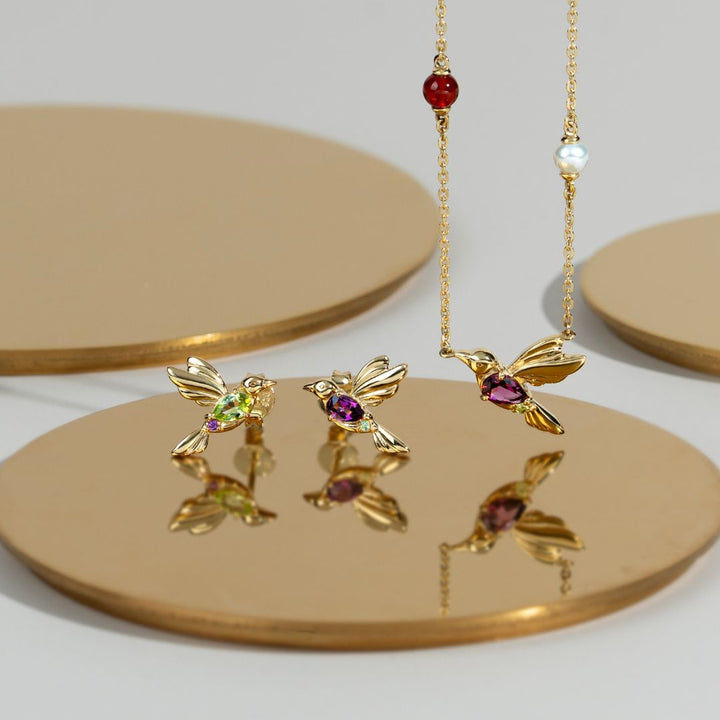 ECREW™ 'The Creator' Halskette aus Rhodolit, Peridot, Malachit und Karneol-Kolibri