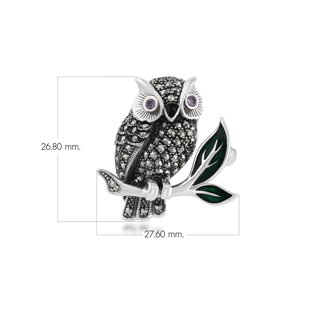 Jugendstil-Markasit-, Amethyst- und Emaille-Eulenbrosche aus Sterlingsilber