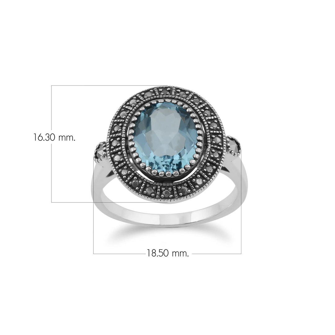 Ovaler Cocktail-Ring mit blauem Topas und Markasit im Art-Deco-Stil aus Sterlingsilber