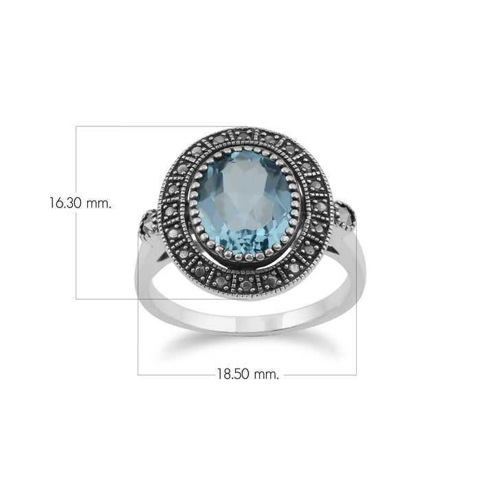 Ovaler Cocktail-Ring mit blauem Topas und Markasit im Art-Deco-Stil aus Sterlingsilber