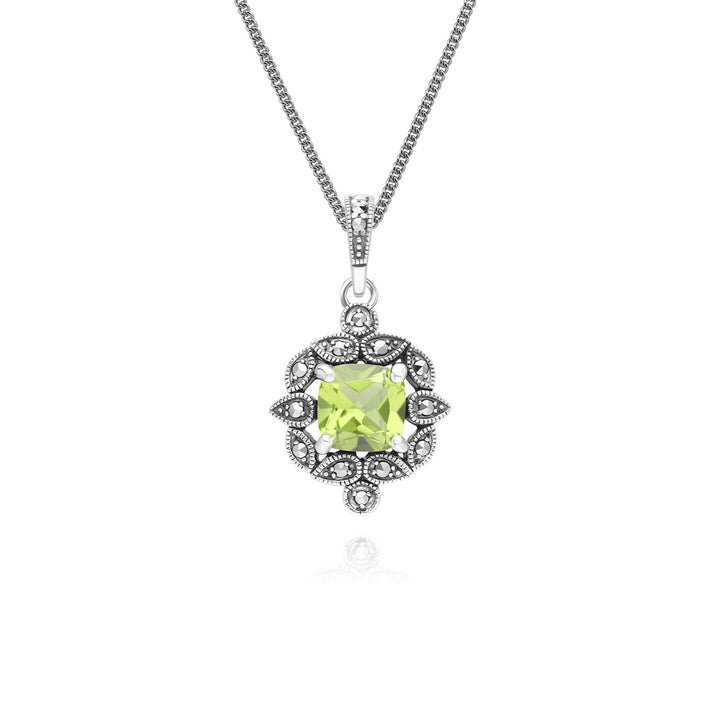Halskette mit Kissenanhänger im Art-Deco-Stil mit Peridot und Markasit aus Sterlingsilber