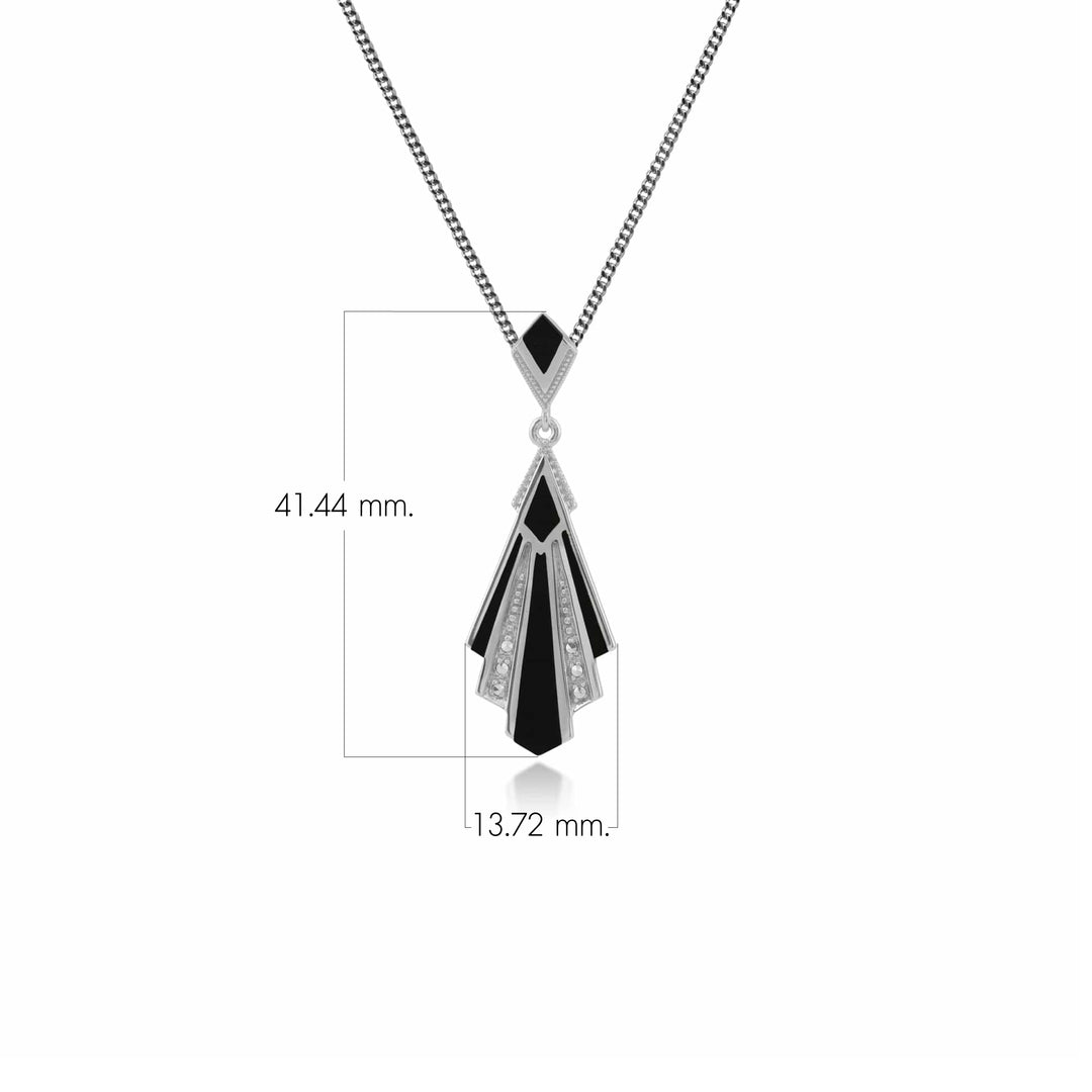 Art-Deco-Stil Dreieck Schwarzer Onyx &amp; Markasit-Fächer-Anhänger in 925 Sterling Silber