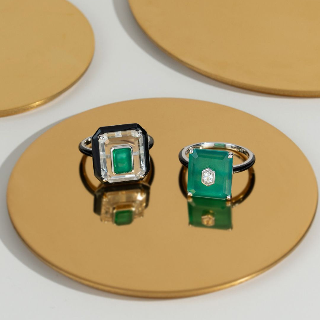 Grand Deco Statement-Ring mit Bergkristall, Chalcedon und Emaille aus Sterlingsilber
