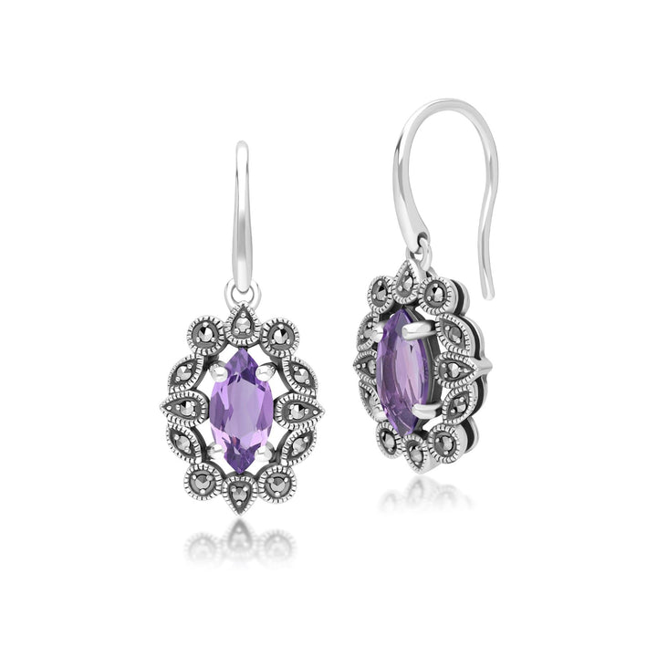 Marquise-Ohrringe aus Amethyst und Markasit im Art-Deco-Stil aus Sterlingsilber