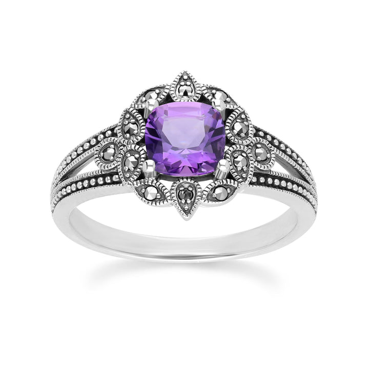 Kissenförmiger Amethyst- und Markasitring im Art-Deco-Stil aus Sterlingsilber