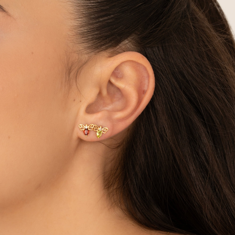 Honeycomb Art Nouveau Pear Shape Garnet and Diamond Bee Stud Earrings in 9ct Yellow Gold