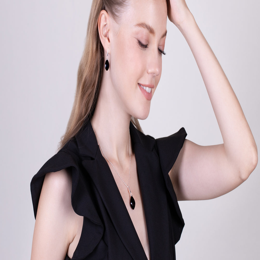 Birnen-Ohrringe aus schwarzem Onyx und schwarzem Spinell im Art-Deco-Stil aus 925er Sterlingsilber