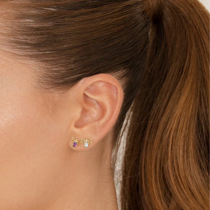 Honeycomb Art Nouveau Pear Shape Amethyst and Diamond Bee Stud Earrings in 9ct Yellow Gold