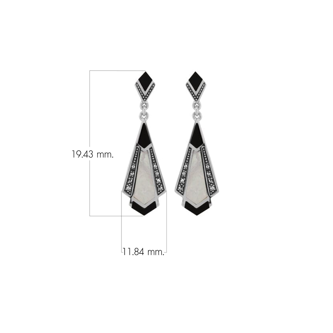 Cabochon-Ohrringe im Art-Deco-Stil aus schwarzem Onyx, Perlmutt und Markasit in 925er Sterlingsilber
