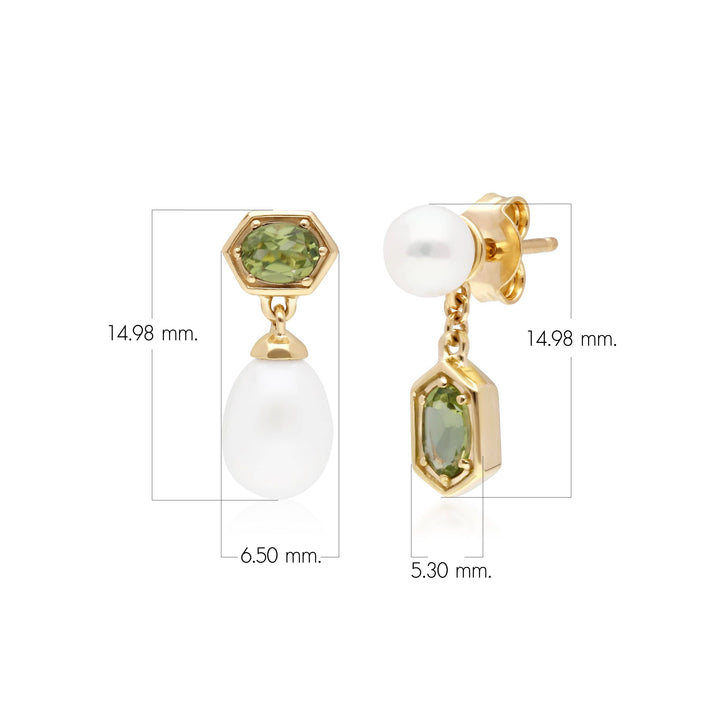 Moderne Perle &amp; Peridot Mismatched Drop Ohrringe in vergoldetem Silber