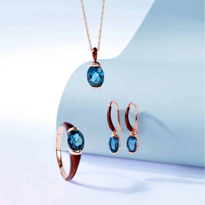 Siberian waltz Oval london blue topaz with brown enamelled half-bezel set french hook earrings in rose gold vermeil sterling silver