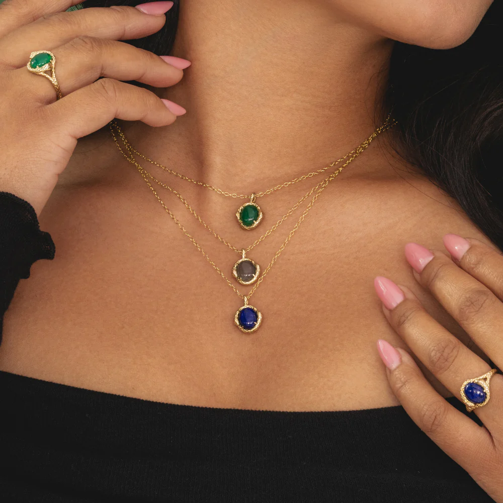 ECFEW Oval lapis lazuli snake two-headed coiled bezel-set cabochon pendant necklace in gold vermeil sterling silver