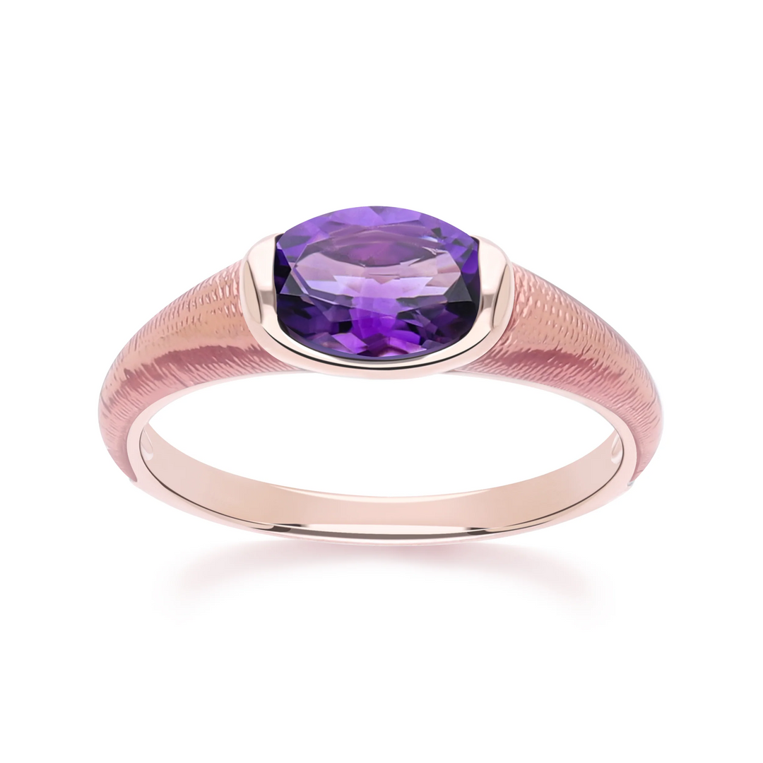 Siberian waltz Oval amethyst with violet enamelled half-bezel ring in rose gold vermeil sterling silver