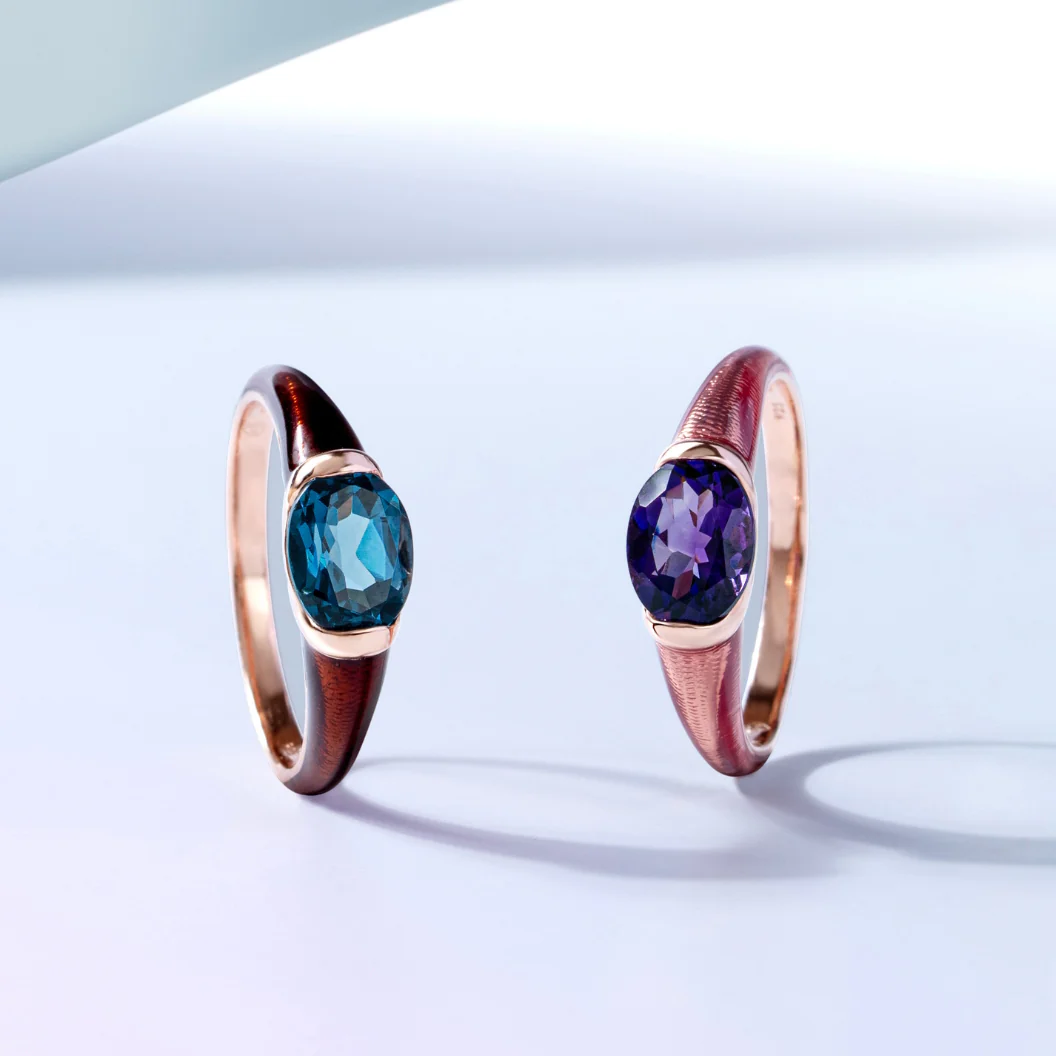 Siberian waltz Oval amethyst with violet enamelled half-bezel ring in rose gold vermeil sterling silver