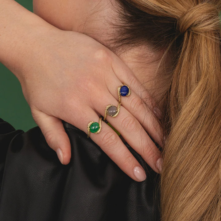 ECFEW Oval black moonstone by pass snake set cabochon ring in gold vermeil sterling silver