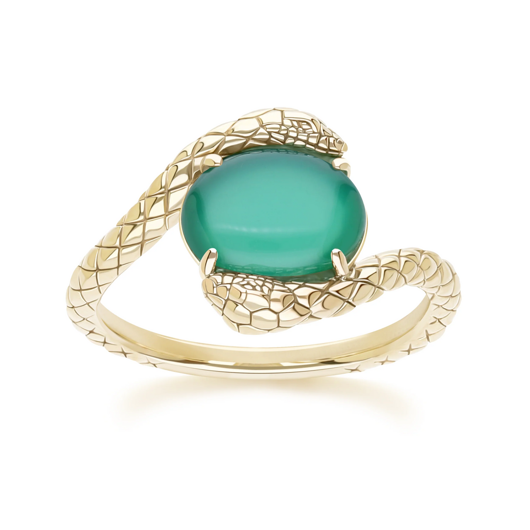 ECFEW Oval dyed green chalcedony by pass snake set cabochon ring in gold vermeil sterling silver