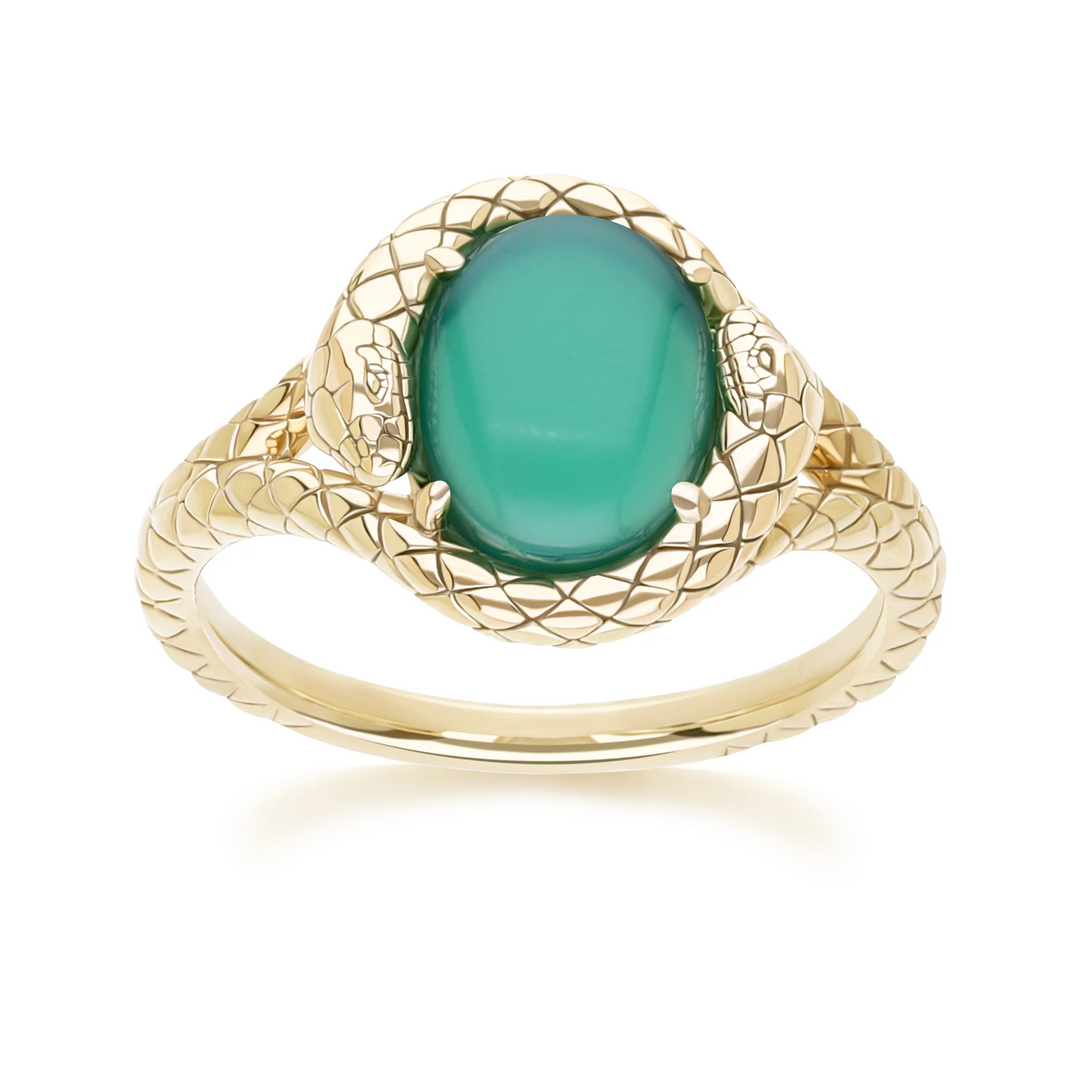 ECFEW Oval dyed green chalcedony snake two-headed coiled bezel-set cabochon ring in gold vermeil sterling silver