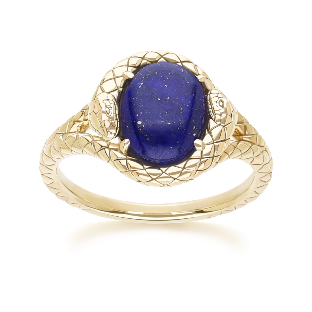 ECFEW Oval lapis lazuli snake two-headed coiled bezel-set cabochon ring in gold vermeil sterling silver