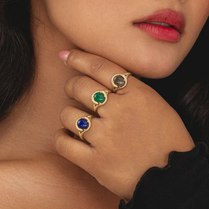 ECFEW Oval lapis lazuli snake two-headed coiled bezel-set cabochon ring in gold vermeil sterling silver