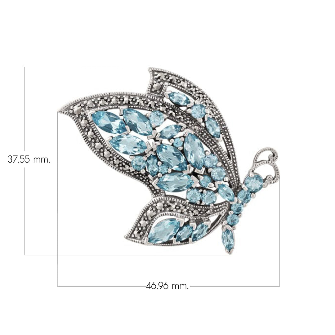 Jugendstil Marquise Blue Topas & Markasit Flying Butterfly Brosche in 925 Sterling Silber