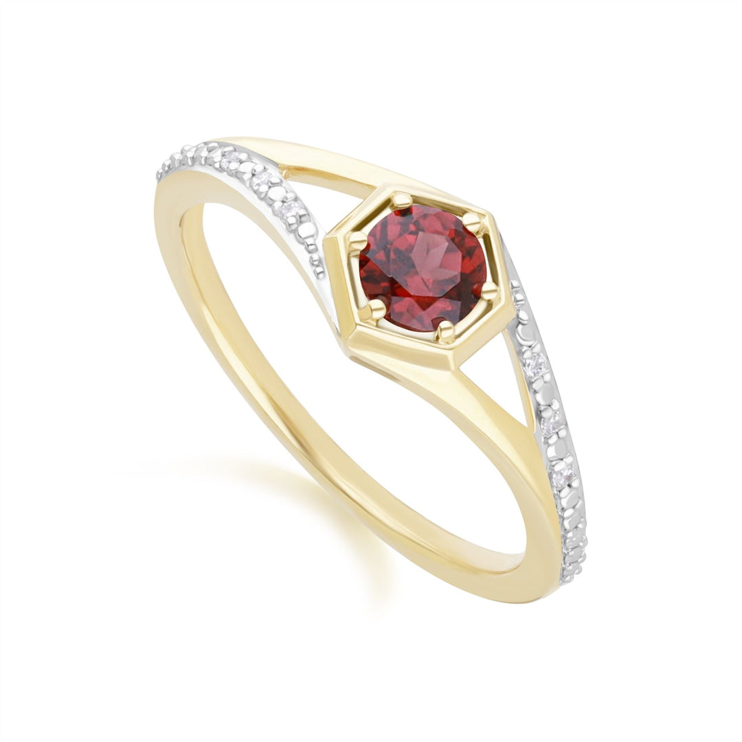 Geometric Hexagon with Prong set Round Garnet and Diamond Ring in 9ct Yellow Gold