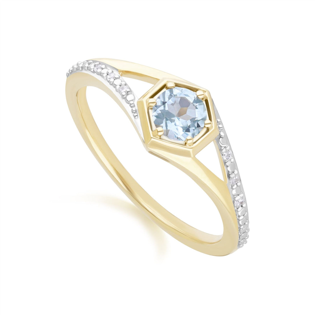 Geometric Hexagon with Prong set Round Topaz and Diamond Ring in 9ct Yellow Gold