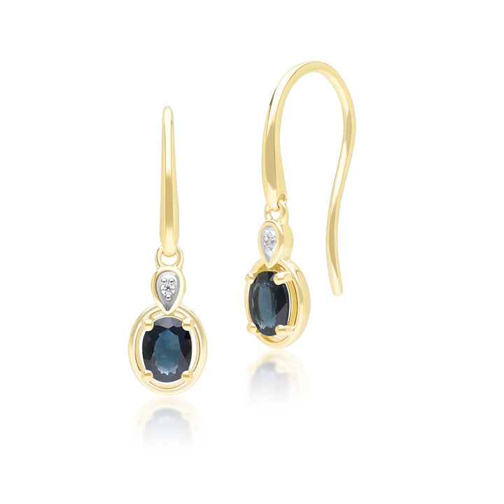 Klassische ovale Saphir- und runde Diamant-Tropfenohrringe aus 9 Karat Gelbgold