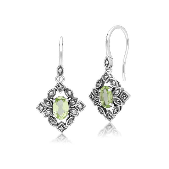 Ovale Peridot- und Markasit-Tropfenohrringe im Art-Deco-Stil aus Sterlingsilber