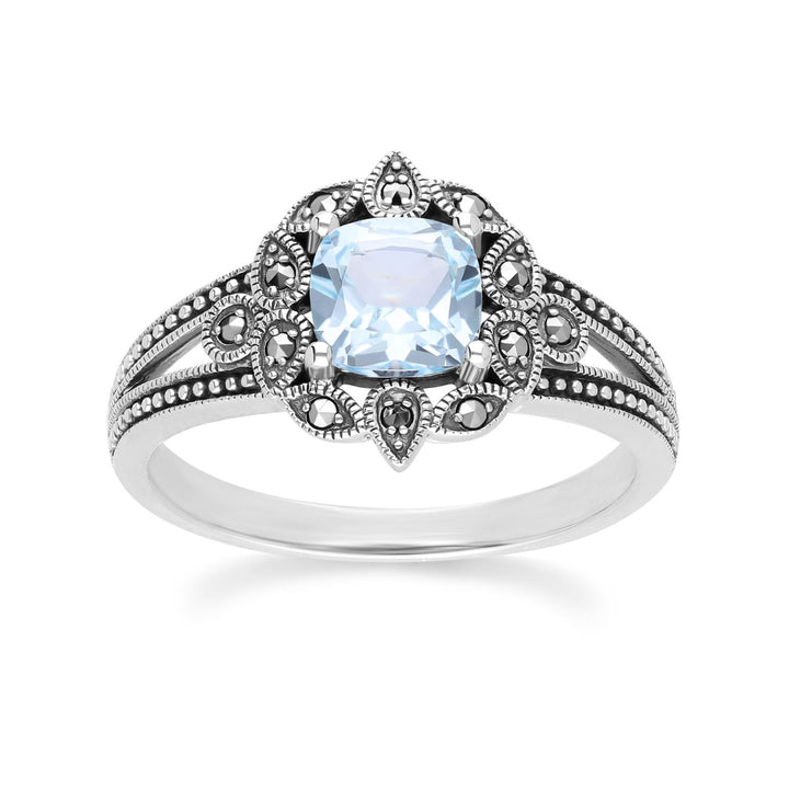 Art-Deco-Ring mit blauem Topas und Markasit im Kissenstil aus Sterlingsilber