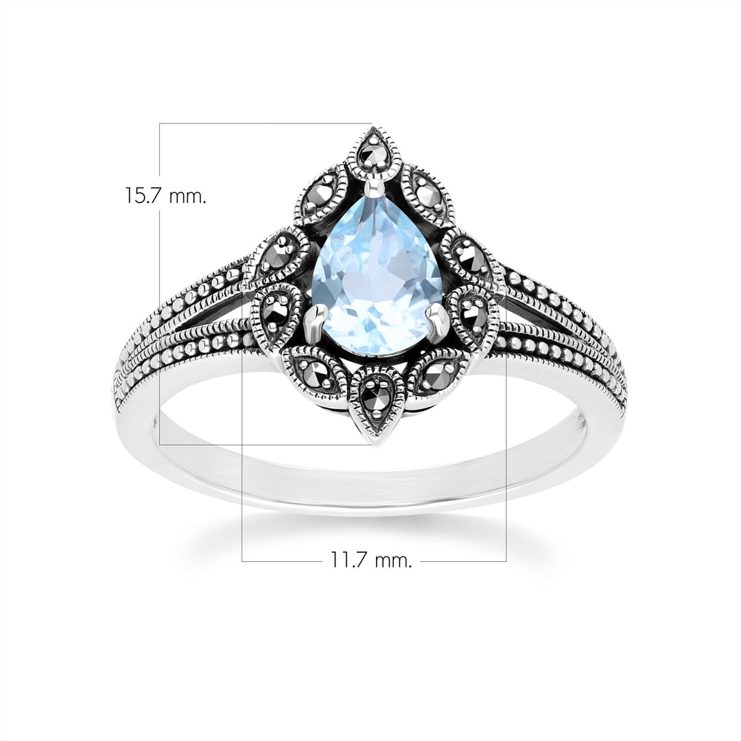 Birnenförmiger Ring aus blauem Topas und Markasit im Art-Deco-Stil aus Sterlingsilber