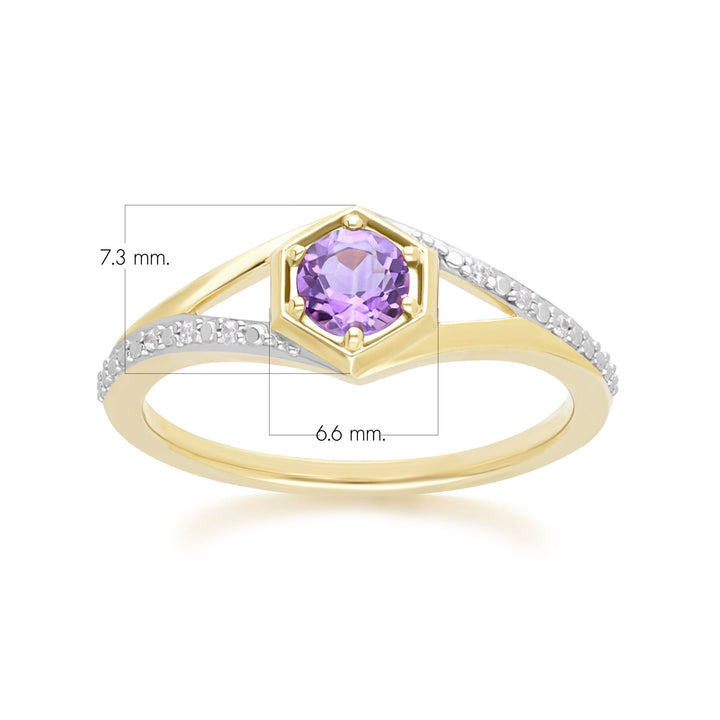 Geometric Hexagon with Prong set Round Amethyst and Diamond Ring in 9ct Yellow Gold