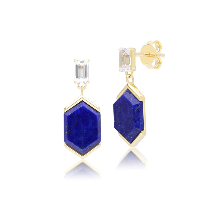 Grand Deco Sechseck-Tropfenohrringe aus Lapislazuli und Topas in Gold Vermeil