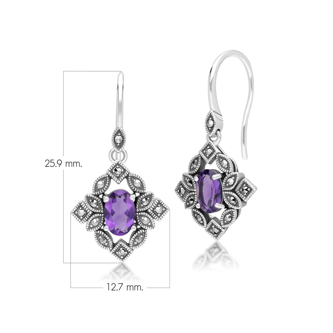 Ovale Tropfenohrringe aus Amethyst und Markasit im Art-Deco-Stil aus Sterlingsilber
