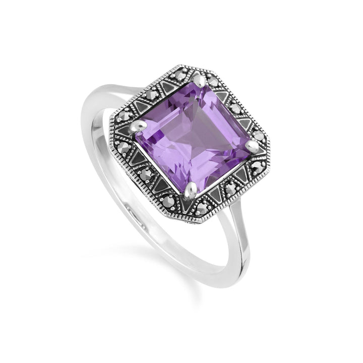 Art Deco-inspirierter Ring mit quadratischem Amethyst und Markasit
