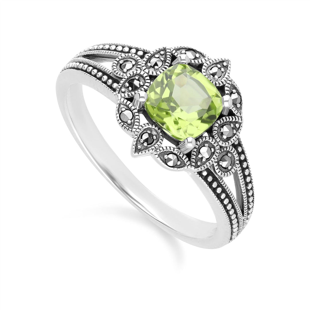 Kissenförmiger Peridot- und Markasitring im Art-Deco-Stil aus Sterlingsilber