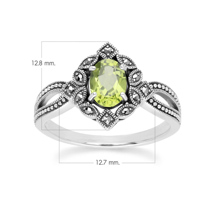 Ovaler Peridot- und Markasitring im Art-Deco-Stil aus Sterlingsilber