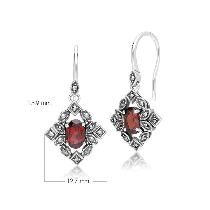 Ovale Granat- und Markasit-Tropfenohrringe im Art-Deco-Stil aus Sterlingsilber