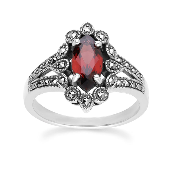 Art-Deco-Ring mit Marquise-Granat und Markasit in Sterlingsilber