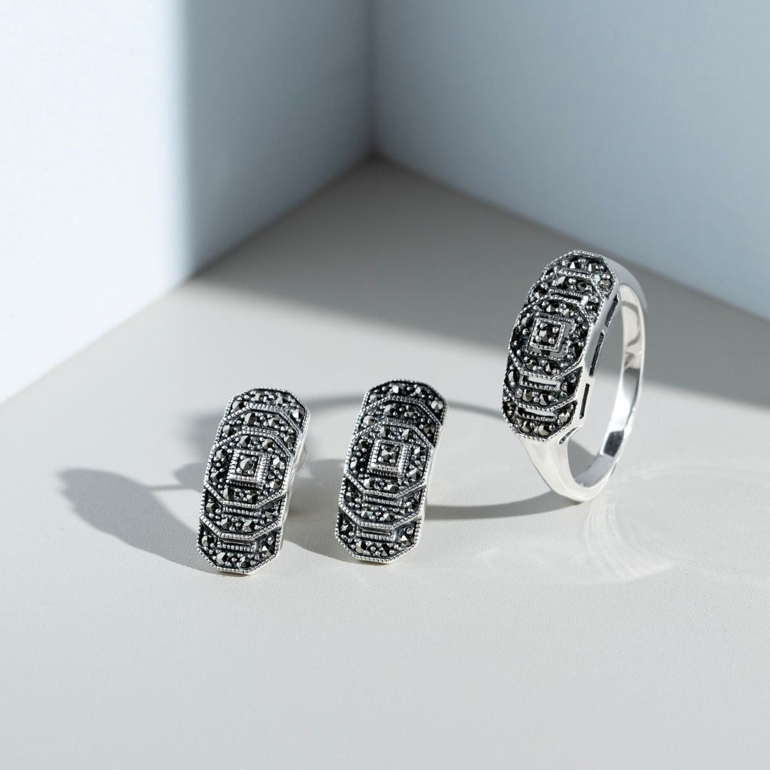 Runder Markasit-Stufenring im Art-Deco-Stil aus 925er Sterlingsilber