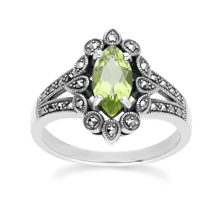 Art-Deco-Ring im Marquise-Peridot- und Markasit-Stil aus Sterlingsilber