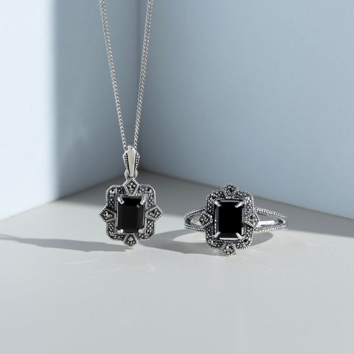 Anhänger im Art-Deco-Stil mit schwarzem Spinell und Markasit in Silber