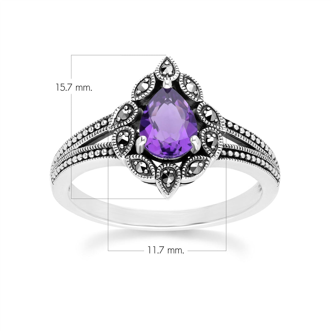 Birnenförmiger Amethyst- und Markasitring im Art-Deco-Stil aus Sterlingsilber