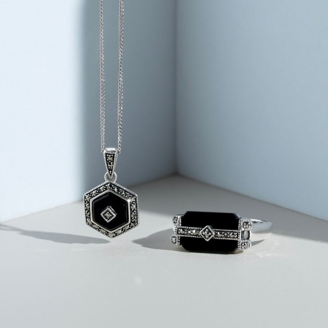 Rechteckiger Bar-Ring aus schwarzem Onyx und Markasit im Art-Deco-Stil aus 925er Sterlingsilber