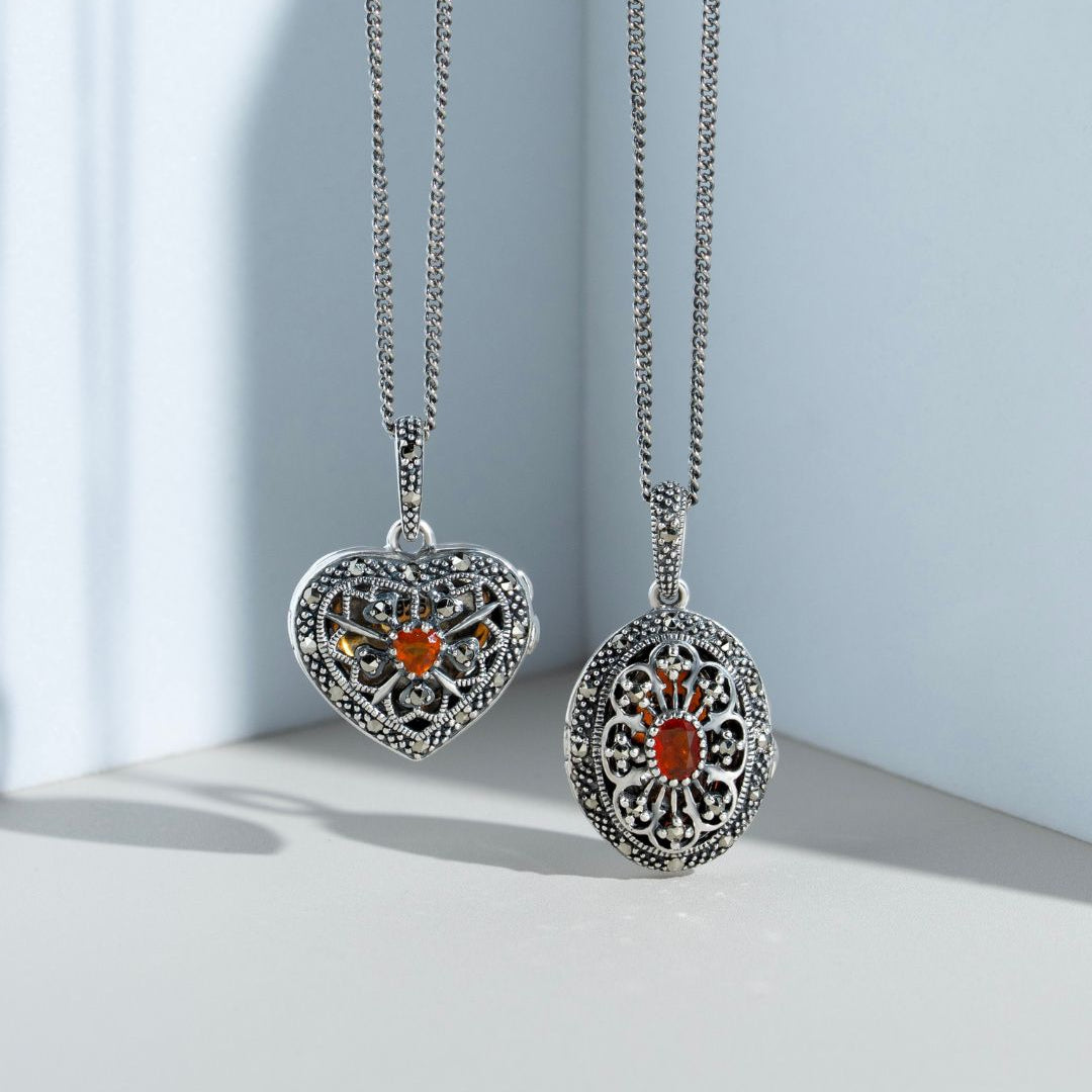 Jugendstil Herz Karneol & Markasit Medaillon an Kette in 925 Sterling Silber