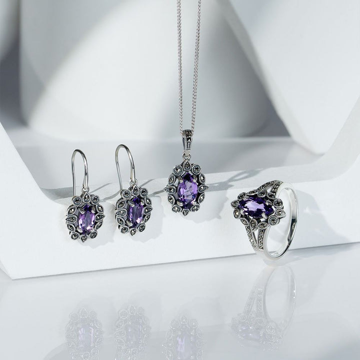 Halskette mit Anhänger im Art-Deco-Stil mit Marquise-Amethyst und Markasit aus Sterlingsilber