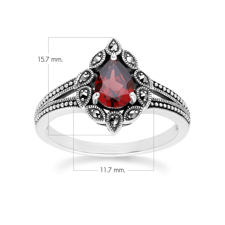 Birnenförmiger Granat- und Markasitring im Art-Deco-Stil aus Sterlingsilber