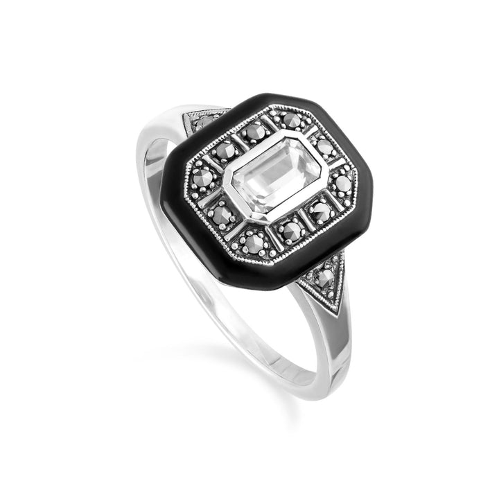 Quadratischer Ring im Art-Deco-Stil mit weißem Topas, Emaille und Markasit