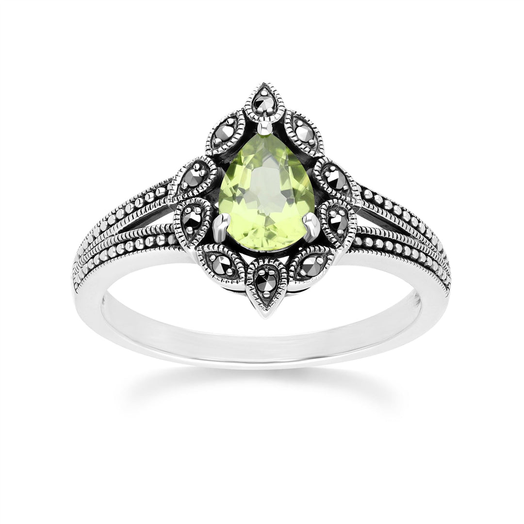 Birnenförmiger Peridot- und Markasitring im Art-Deco-Stil aus Sterlingsilber