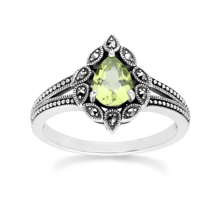 Birnenförmiger Peridot- und Markasitring im Art-Deco-Stil aus Sterlingsilber