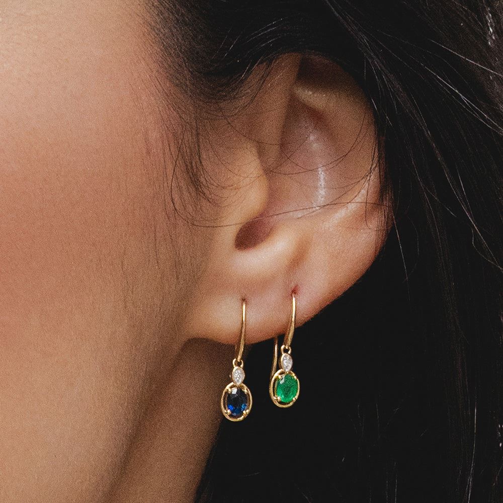 Classic Oval Emerald & Round Diamond Drop Earrings In 9ct Yellow Gold